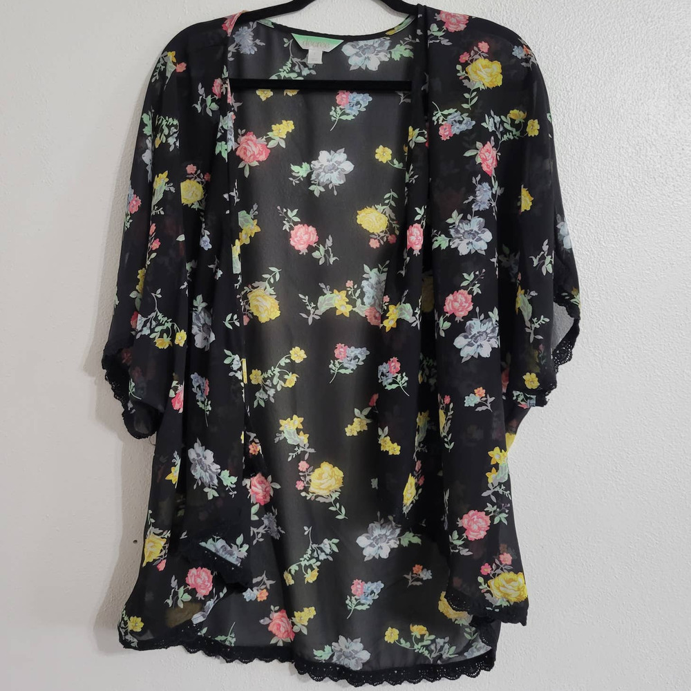 Decree Open Front Scalloped Hem Floral Cardigan